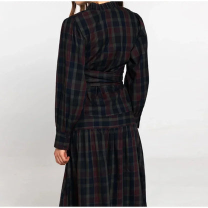 Casual Lace Up Pleated Checkered Set Women Elegant Full Lantern Sleeve Coat Long Skirt Sets Lady Daily Commute Office outfits
