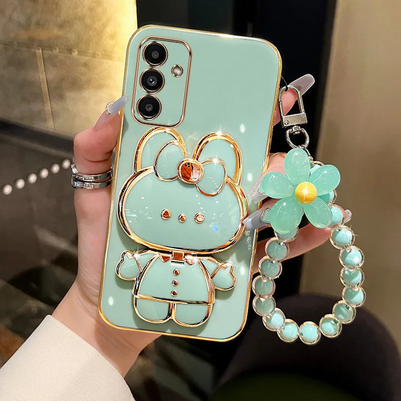 3D Rabbit KickStand Electroplated Soft Wrist Flower Phone Case For Samsung Galaxy S25 Ultra S24 Plus S23 S22 A16 A56 A26 Cover - Kimlud