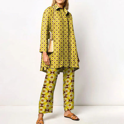 Autumn New Loose Vintage Printed Pant Sets Women Long Sleeve Shirts And Wide Legs Trousers Two Piece Set 2024 Fashion Streetwear
