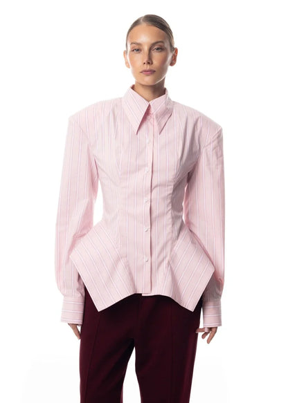 Women's Collar Striped Shirt with Asymmetrical Hem and Waist Cinching 2026 Spring summer Fashionable Casual Office...