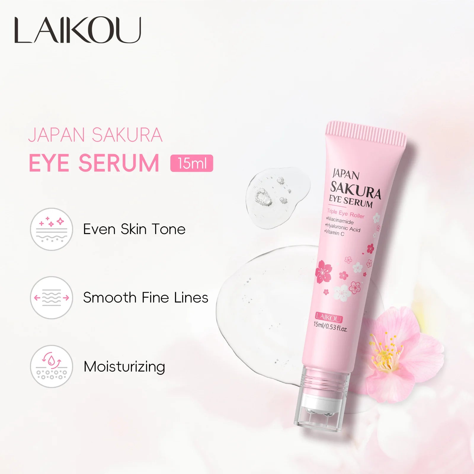 LAIKOU Sakura Anti- Wrinkle Eye Cream With Roller Ball Quick Drying Hydrating Hyaluronic Acid Refreshing Eye Serum 15ml