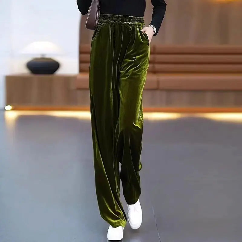 Korean Fashion Women Pleuche Pants Autumn Winter Elastic High Waist Solid Pockets Loose Office Lady Straight Wide Leg Trousers