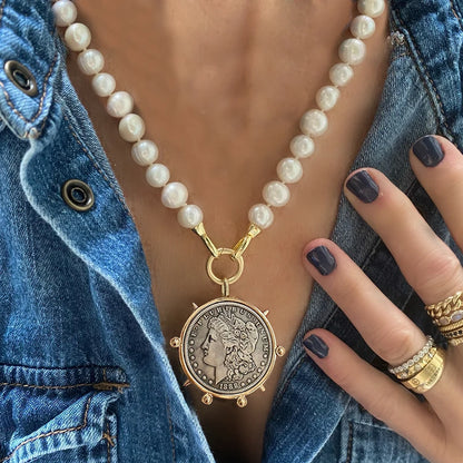 freshwater pearl chunky Stone Beads Turquoise queen Coin Pendant Choker Necklace For Women Girls Party Wedding Handmade Jewelry