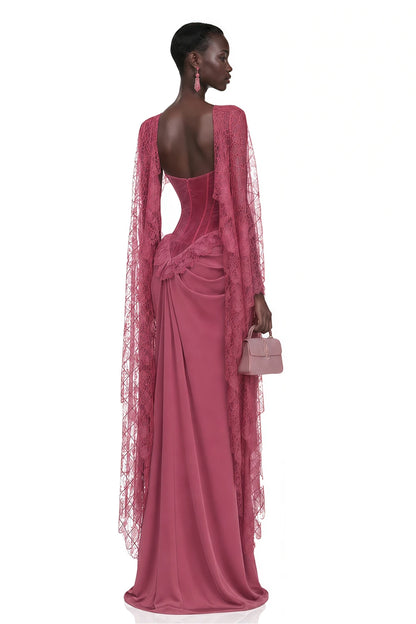 Mila Custom Dusty Rose High Neck Lace Long Flounce Sleeve Mermaid Prom Dress Spliced Velvet Formal Evening Gown Homecoming Dress - Kimlud
