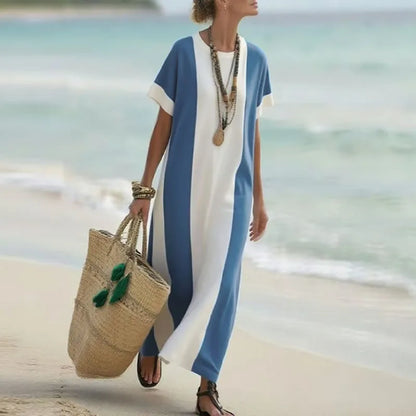 Spring Elegant Crew Neck Holiday Beach Dress Woman Chic Contrast Color Patchwork Long Dress Summer Short Sleeve Split Boho Dress