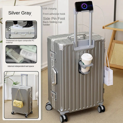Multifunctional Luggage Aluminum Frame with USB Charging Port 30" High-capacity Suitcase 20-inch Travel Boarding Password Box