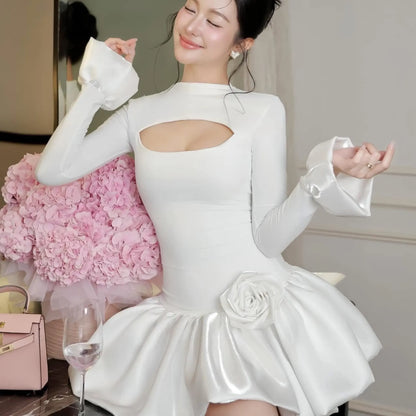 Romantic White Evening Dress with Ruffle Sleeves and Rose Applique - Ideal for Wedding, Party, and Cocktail Events 2026 New - Kimlud