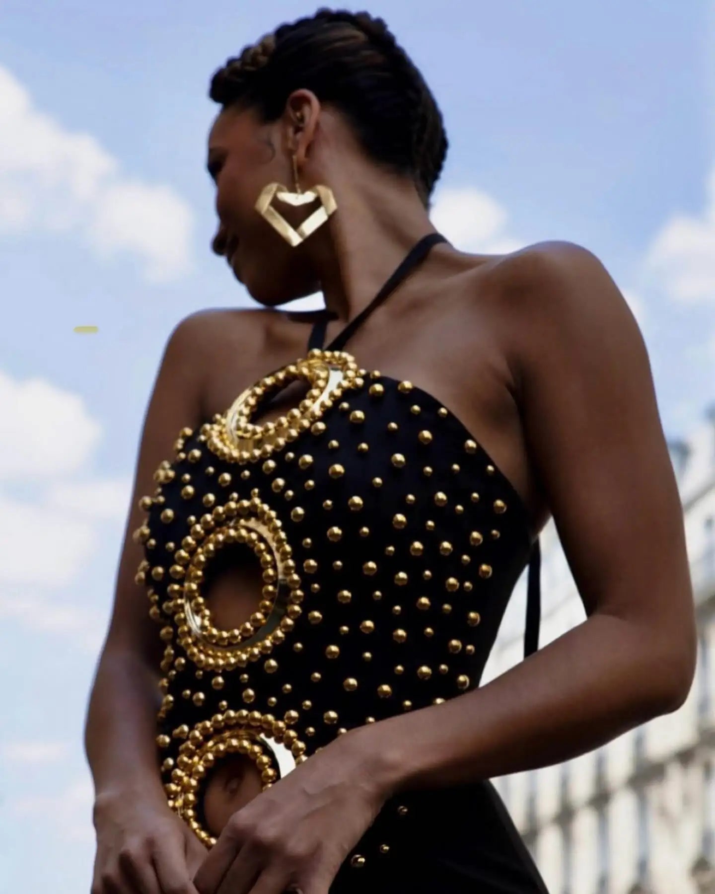 Black Color Women Sexy Halter Off the Shoulder Golden Beading Bodycon Bandage Long Dress Evening Party Celebrate Outfit