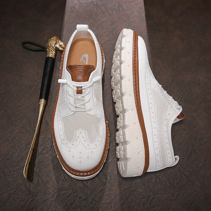 Men's Brogue Knit Oxford Sneakers, Breathable Lightweight Casual Dress Walking Shoes, Soft Cushion Non Slip Platform Fashion Sne