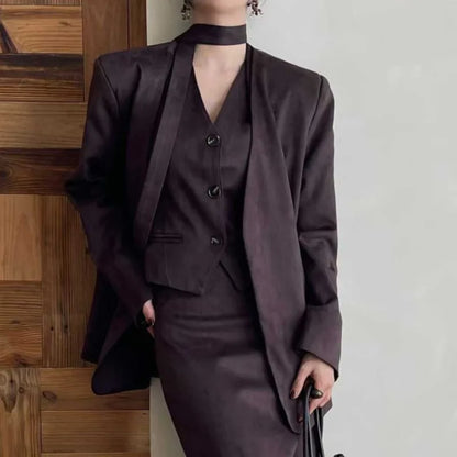KWTX 2025 Women's 3 Pcs Suit Set Spring Fall V-Neck Blazer Single Breasted Vest Ribbon Tie Skirt Solid Color Elegant Retro