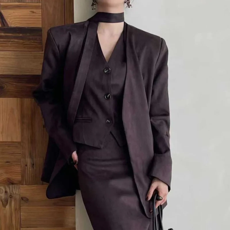 KWTX 2025 Women's 3 Pcs Suit Set Spring Fall V-Neck Blazer Single Breasted Vest Ribbon Tie Skirt Solid Color Elegant Retro