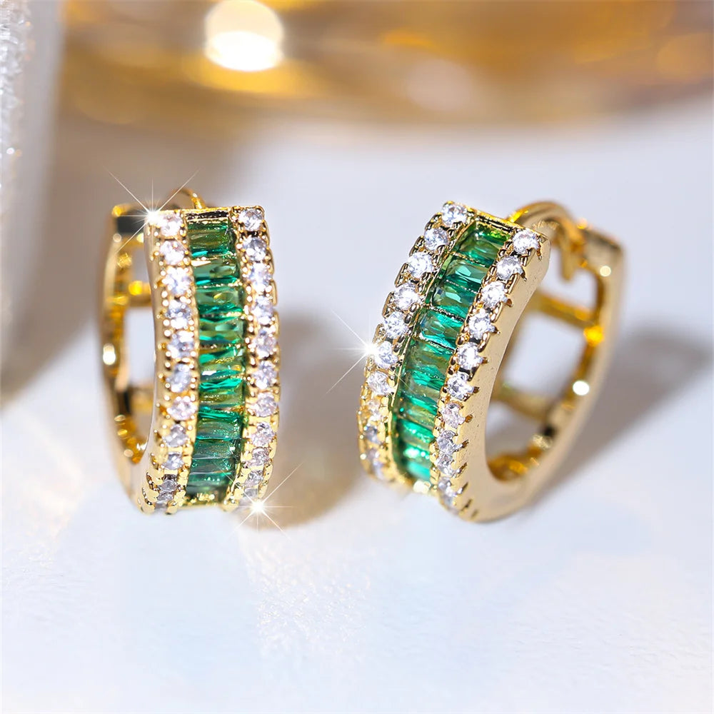 Green Crystal Small Square Stone Earring Multicolor Zircon Round Hoop Earrings For Women Vintage Gold Color Wedding...