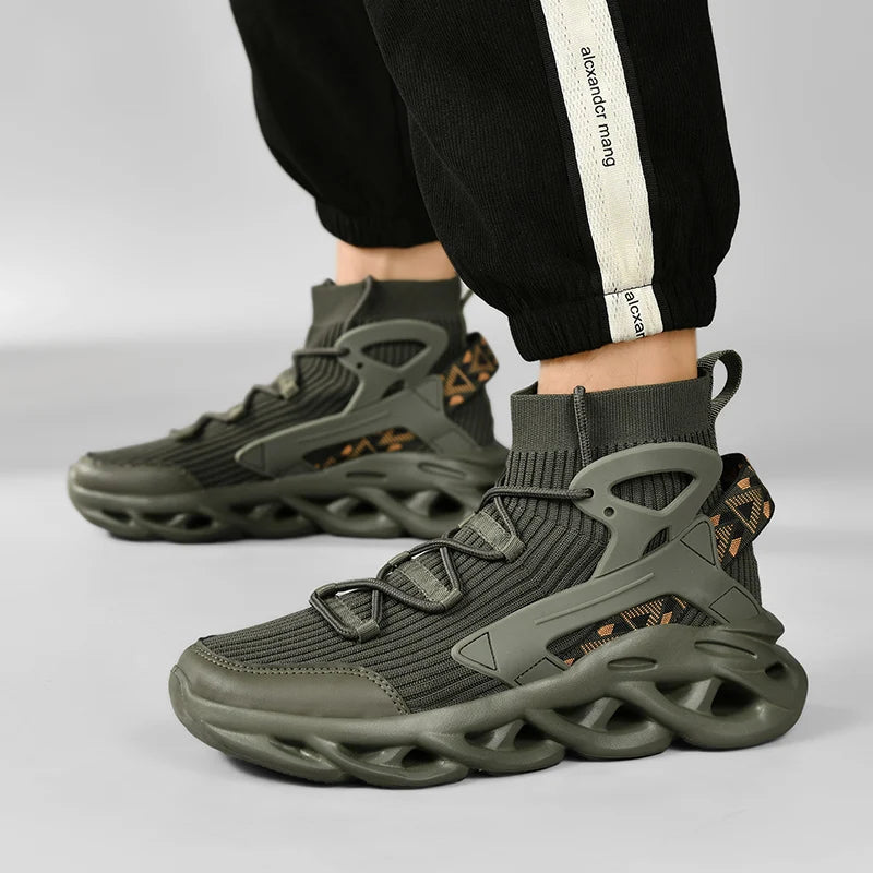 2025 High-Top Elastic Knitted Sports Shoes Trendy Plus Size Men's Shoes Reflective 3D Stereoscopic New Basketball Shoes