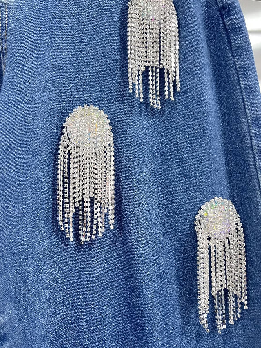 TWOTWINSTYLE Solid Patchwork Tassel Chic Denim Pants For Women High Waist Spliced Button Wide Leg Straight Pants Female Fashion