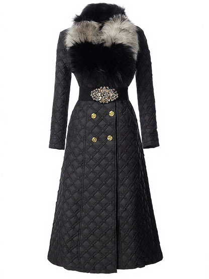 DSXDFACAIRIJ Women Color Blocking Fur Collar Long Sleeves Lace-Up High Street Double Breasted Geometric Outerwear Winter...