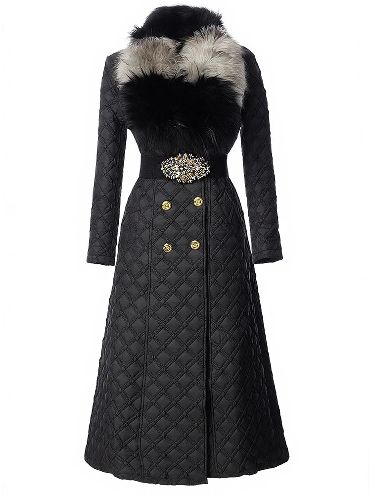 DSXDFACAIRIJ Women Color Blocking Fur Collar Long Sleeves Lace-Up High Street Double Breasted Geometric Outerwear Winter...
