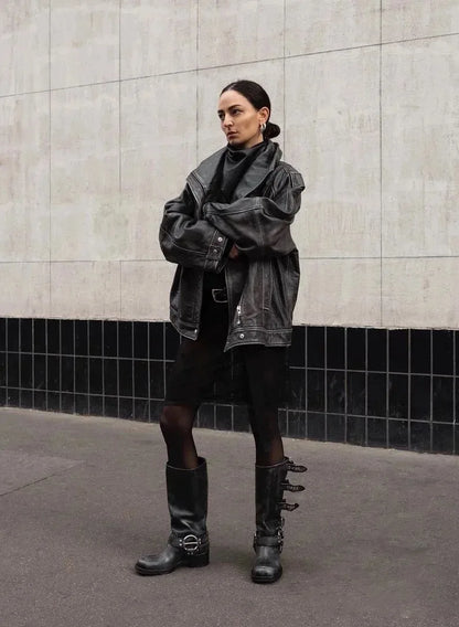 2025 Genuine Leather Platform Rivet Motorcycle boots Round toe Belt buckle Block heel mid wide calf Western boots