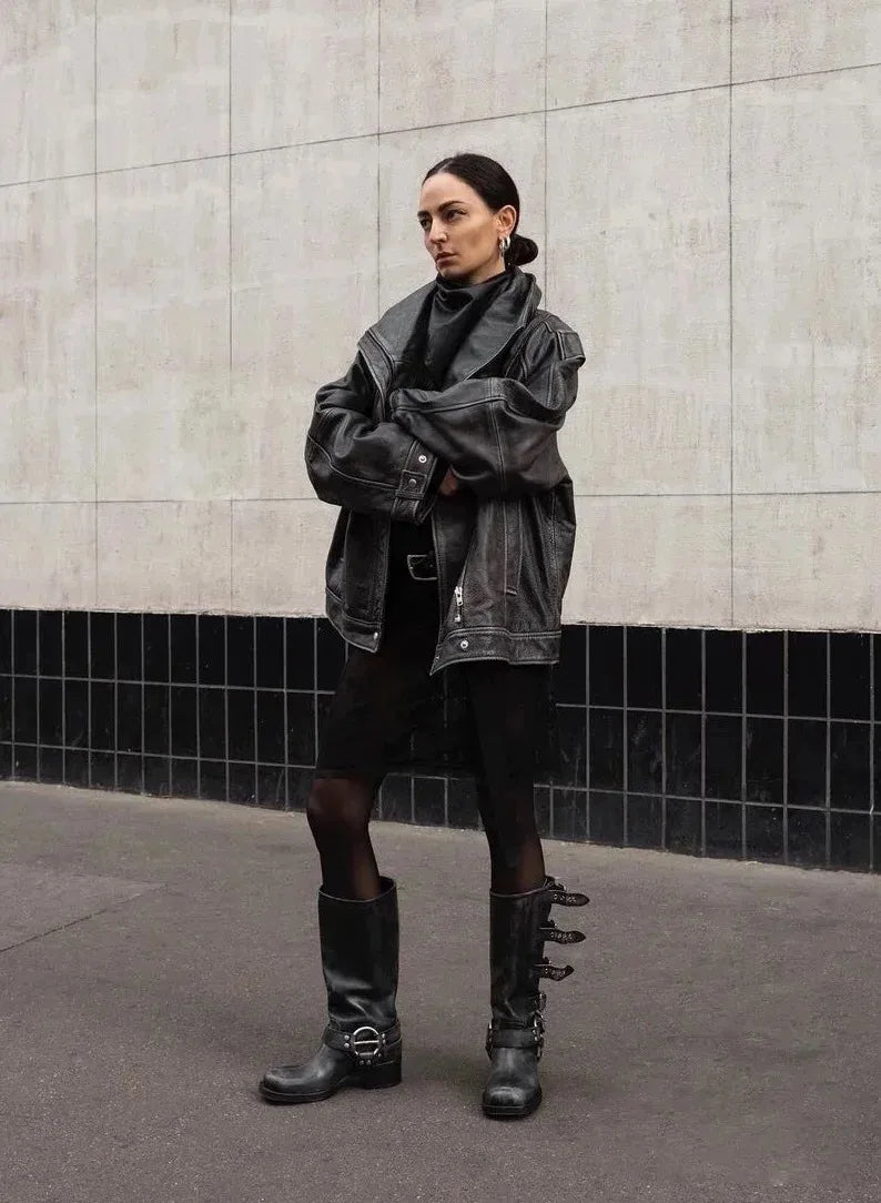 2025 Genuine Leather Platform Rivet Motorcycle boots Round toe Belt buckle Block heel mid wide calf Western boots