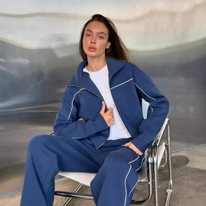 Women's Autumn Casual Long Sleeve Zipper Hoodie Jacket Striped Elastic Pants Set Fashionable Two-Piece Suit Comfortable Wear - Kimlud