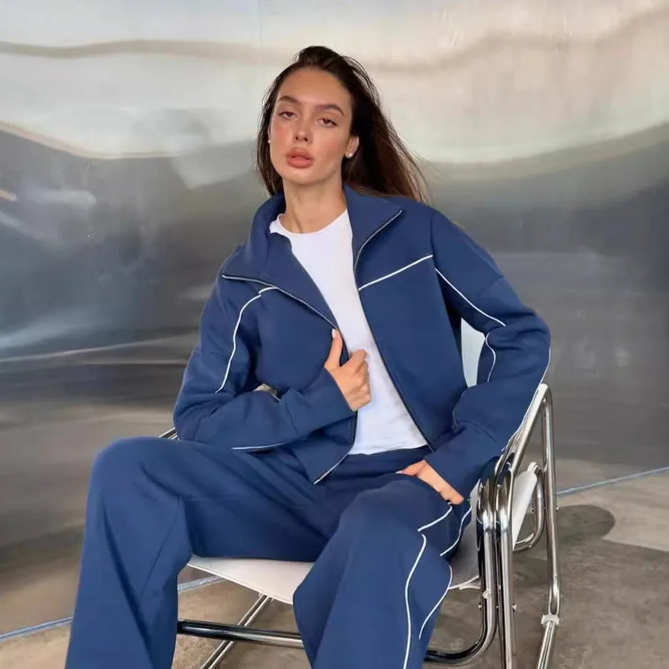 Women's Autumn Casual Long Sleeve Zipper Hoodie Jacket Striped Elastic Pants Set Fashionable Two-Piece Suit Comfortable Wear - Kimlud