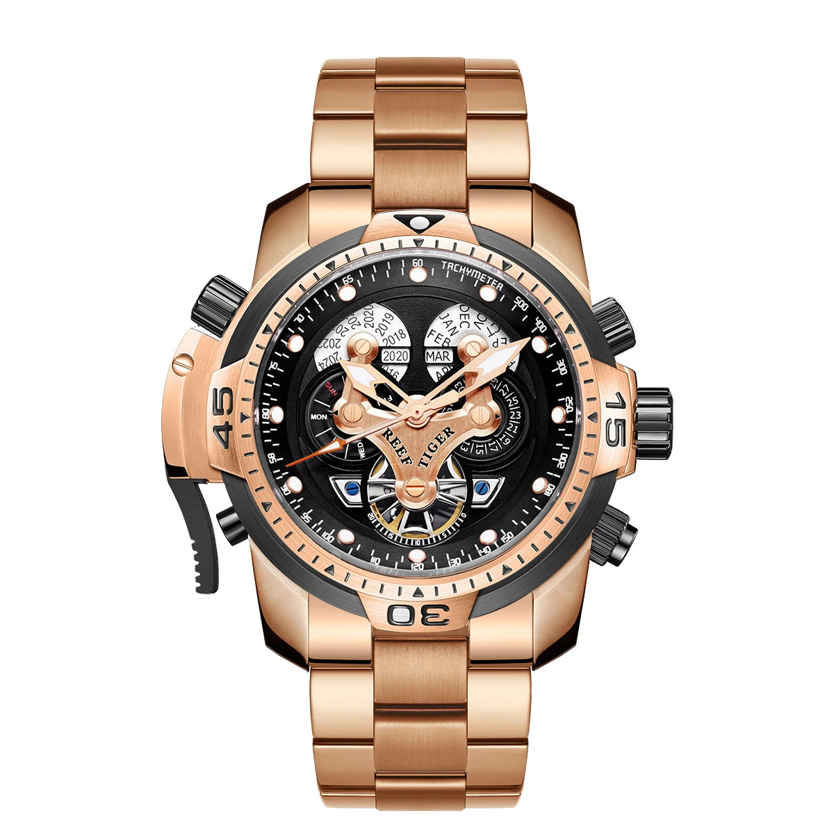 Reef Tiger Men's 46mm Automatic Mechanical Watch with Luminous Hands/Markers, Sapphire Crystal, and Year/Month/Day/Date Display