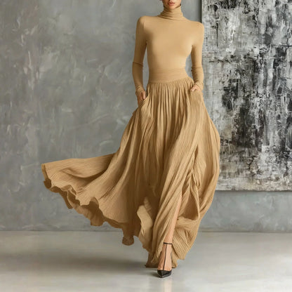 French Retro Elegant Light Luxury Slim-fit Dress for Women Turtleneck Long Sleeve Long Dresses Flowy Dress with a Large Skirt - Kimlud