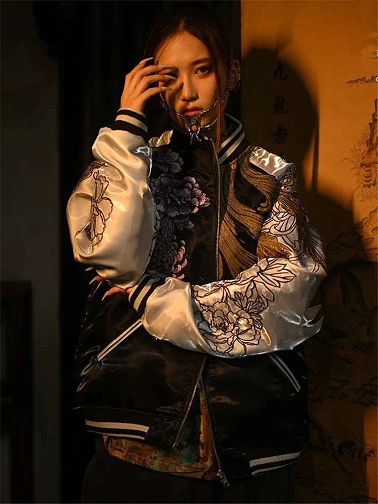 2024 Dragon Peony Chrysanthemum Phoenix Suzaku Embroidered Original Yokosuka Sukajan Souvenir Jackets High Street Men Boys Loose - Kimlud