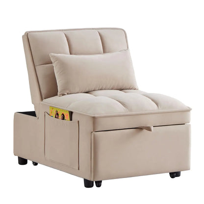 4-in-1 Multi-Function Taupe Convertible Chaise Lounge Adjustable Single Sofa Bed with Pull-Out & Tufted Backrest Storage Pockets - Kimlud