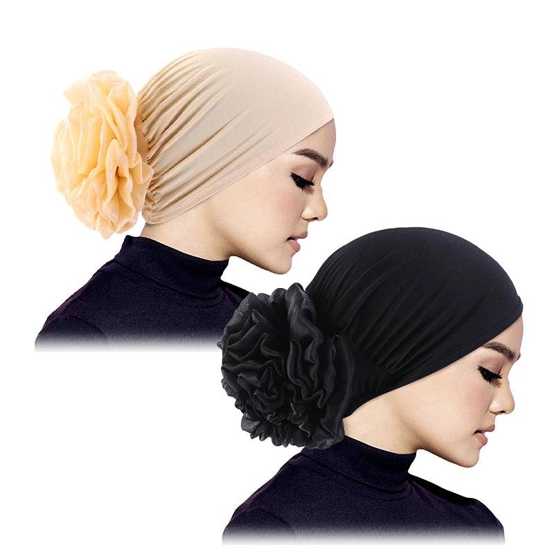 Women's Hijabs Turban Big Flower Elastic Cloth Hair Bands Hat Beanie Ladies Muslim Solid Hair Loss Scarf Cap Hair Accessories