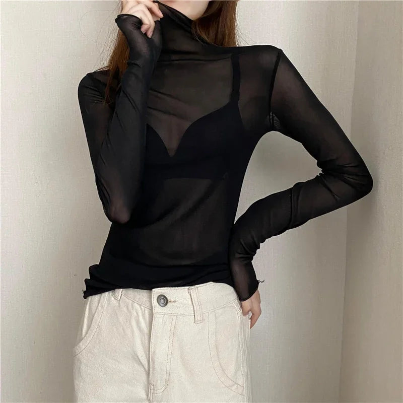 Sexy Women T Shirt See Through Transparent Mesh Tops Long Sleeve Sheer Slim Ladies Solid Turtleneck Silk T-Shirt Lace Crop Top