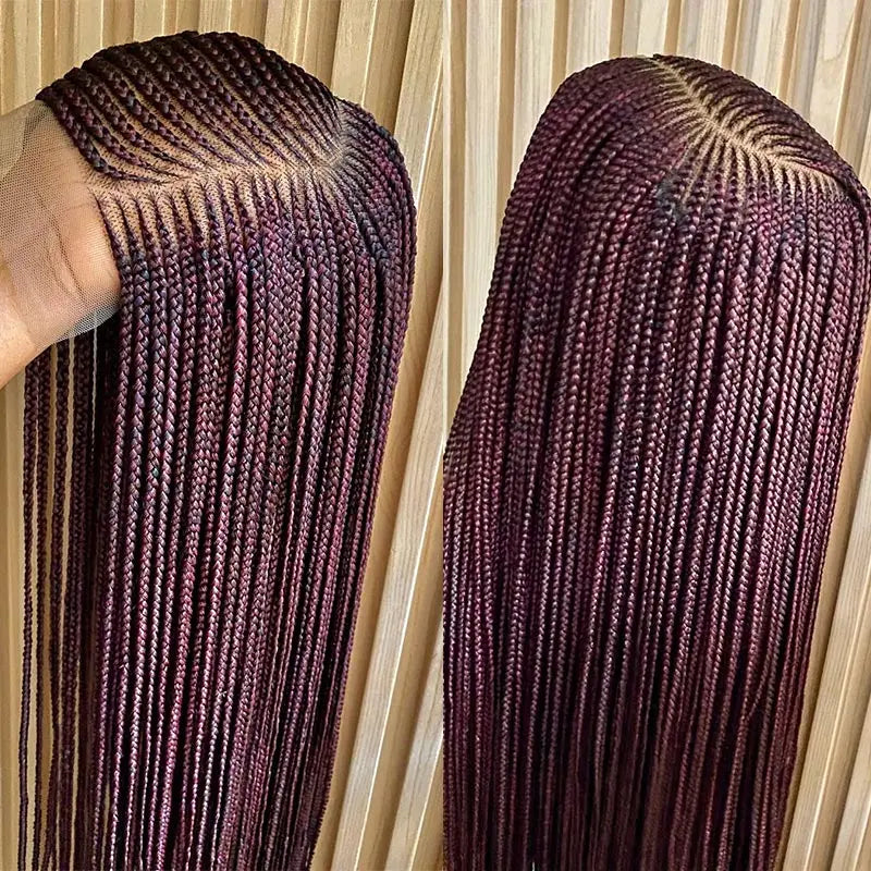 36'' Burgundy Full Lace Braided Wigs Faux Locs for Black Women Synthetic Knotless Cornrow Braid Wig Side Part Wig Box...