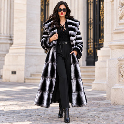 Women's Luxury Long Fur Coat Hooded Black Grey Gradient Winter Warm Thick Plush Jacket Elegant Fashion Outerwear