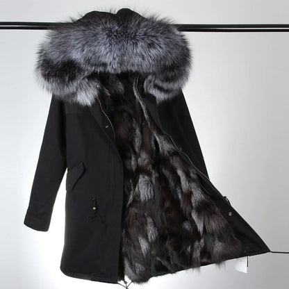 Maomaokong Winter Women's Fur Jacket Long Outdoor Tops Real Fox Fur Collar Inner Fur Lining Parka Natural Silver Fox Women Coat