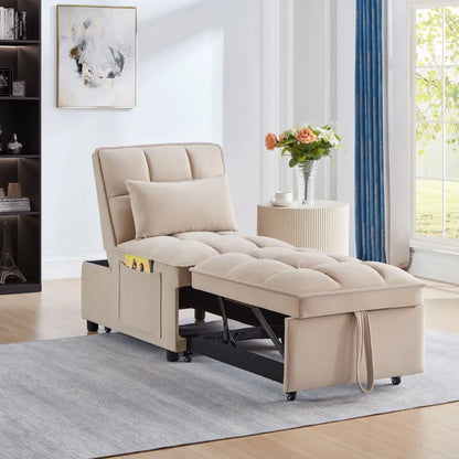 4-in-1 Multi-Function Taupe Convertible Chaise Lounge Adjustable Single Sofa Bed with Pull-Out & Tufted Backrest Storage Pockets - Kimlud