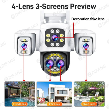 8K 16MP CCTV Wireless WiFi IP Camera Outdoor Four Lens Triple Screen Video Surveillance PTZ Yoosee Onvif  Home Security Camera
