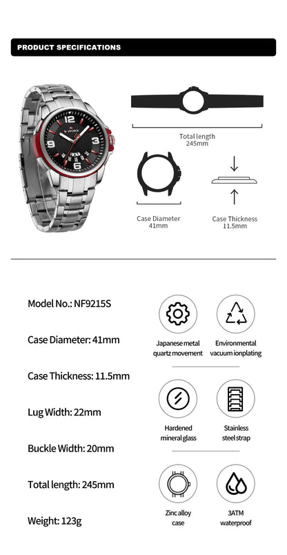 NAVIFORCE Brand Casual Men's Quartz Watch Stainless Steel Belt Business Wristwatches Waterproof Luminous Clock Relogio