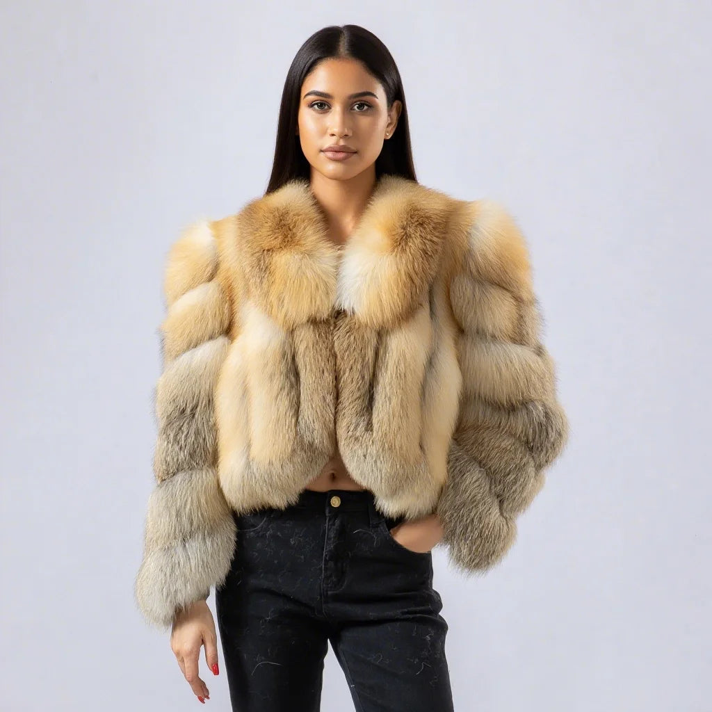 Women Genuine Natural Golden Island Fox Fur Coat with fox fur collar For Winter Fashion Short Jacket