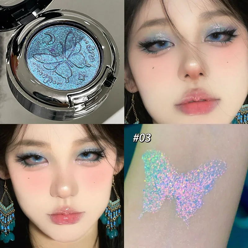 3D Butterfly Embossing Chameleon Eyeshadow Monochrome Metallic Changing Shiny Glitter Blue Purple Highlight Eye Makeup...