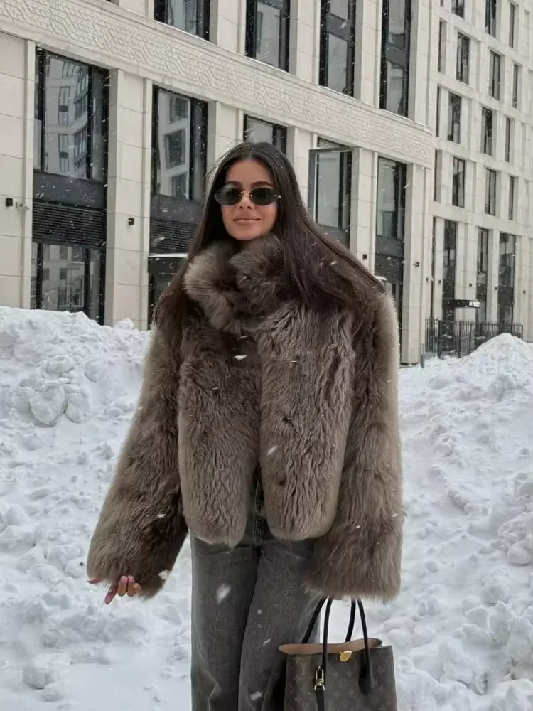 Women Luxury Brown Faux Fur Overcoat Casual Lapel Long Sleeve Fluffy Coat Winter Female Chic Thicken Warm High Street Outwear