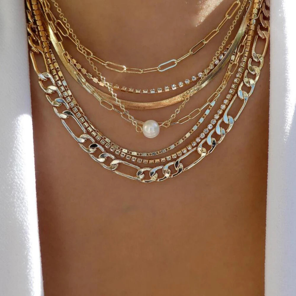 5pcs/Set Simple Braided Bead Chain Necklaces, Gold Tone, Layered Pendant Necklace Set For Women Daily And Party Wear