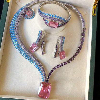 GODKI New Trendy 4PCS Pink Multi Luxury Feather Jewelry Set For Women Wedding Party Zircon Crystal Dubai Bridal Necklace Gift