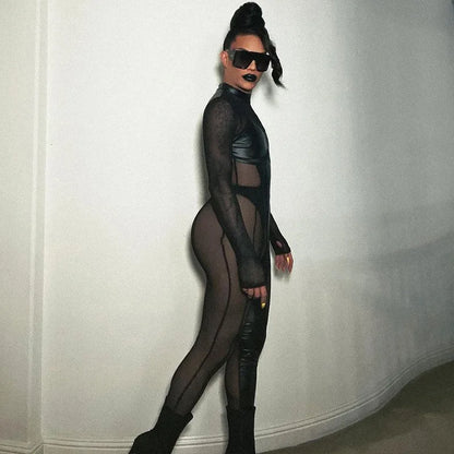 Cat Woman Agents Combat Uniform Black Punk Tight Jumpsuit Cosplay Movie Game Virtual World Alien Robot Mesh Hollow Bodysuit New