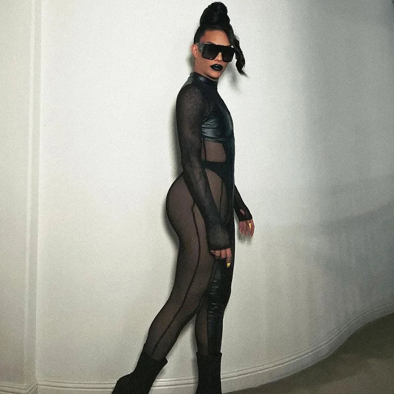 Cat Woman Agents Combat Uniform Black Punk Tight Jumpsuit Cosplay Movie Game Virtual World Alien Robot Mesh Hollow Bodysuit New