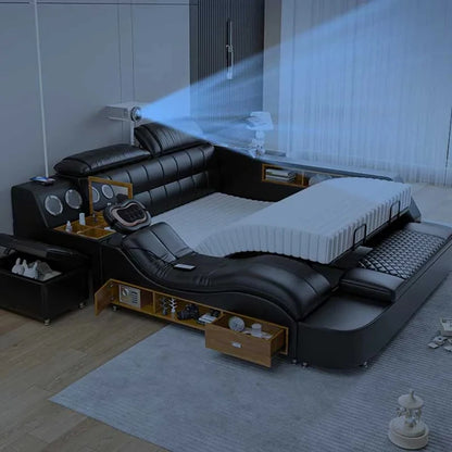 Nordic Multifonction Double Bed Side By Side Leather Luxury King Size Bed Frame Platform Wood Design Lit Bedroom Set...