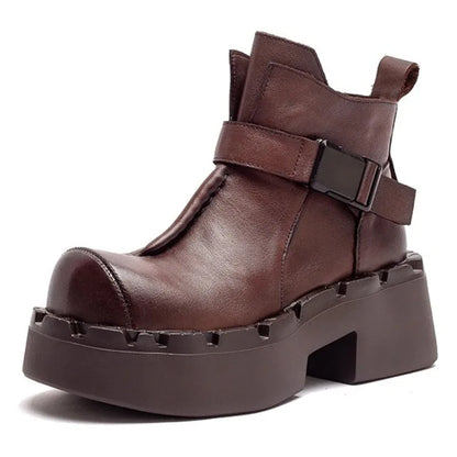 6.5cm Cow Natural Genuine Leather Autumn Flats Comfy Shoes Platform Wedge Elthnic Big Toe Women Ankle Booties Rubber Spring