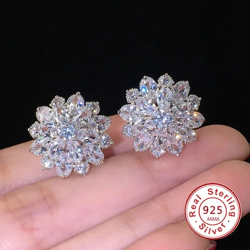 Cute Big AAAAA Bling Cubic Zirconia 925 Silver Needle Stud Earrings Fashionable Flower Earring for Women Jewelry Gift...