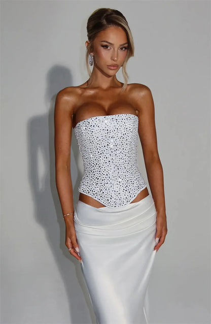 Mozision Sequins Sexy Dress Set Women Sparkle Scarf Collar Crop Tops And Maxi Skirt Elegant Club Party Satin Skirt Matching Set