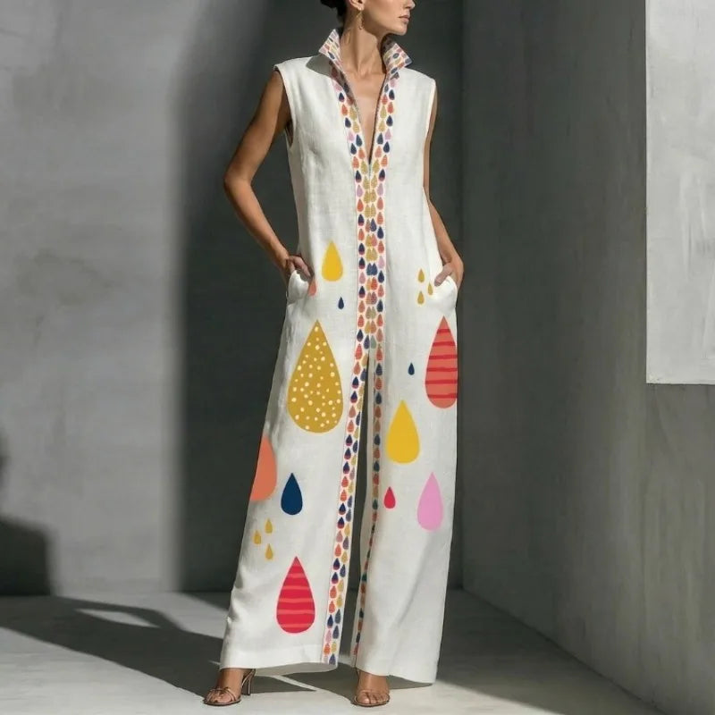 UOOZEE 2026 New Women Summer Bohemian Colorful Printed Zipper Wide Leg Jumpsuits Sleeveless Loose Casual Vacation Lapel...