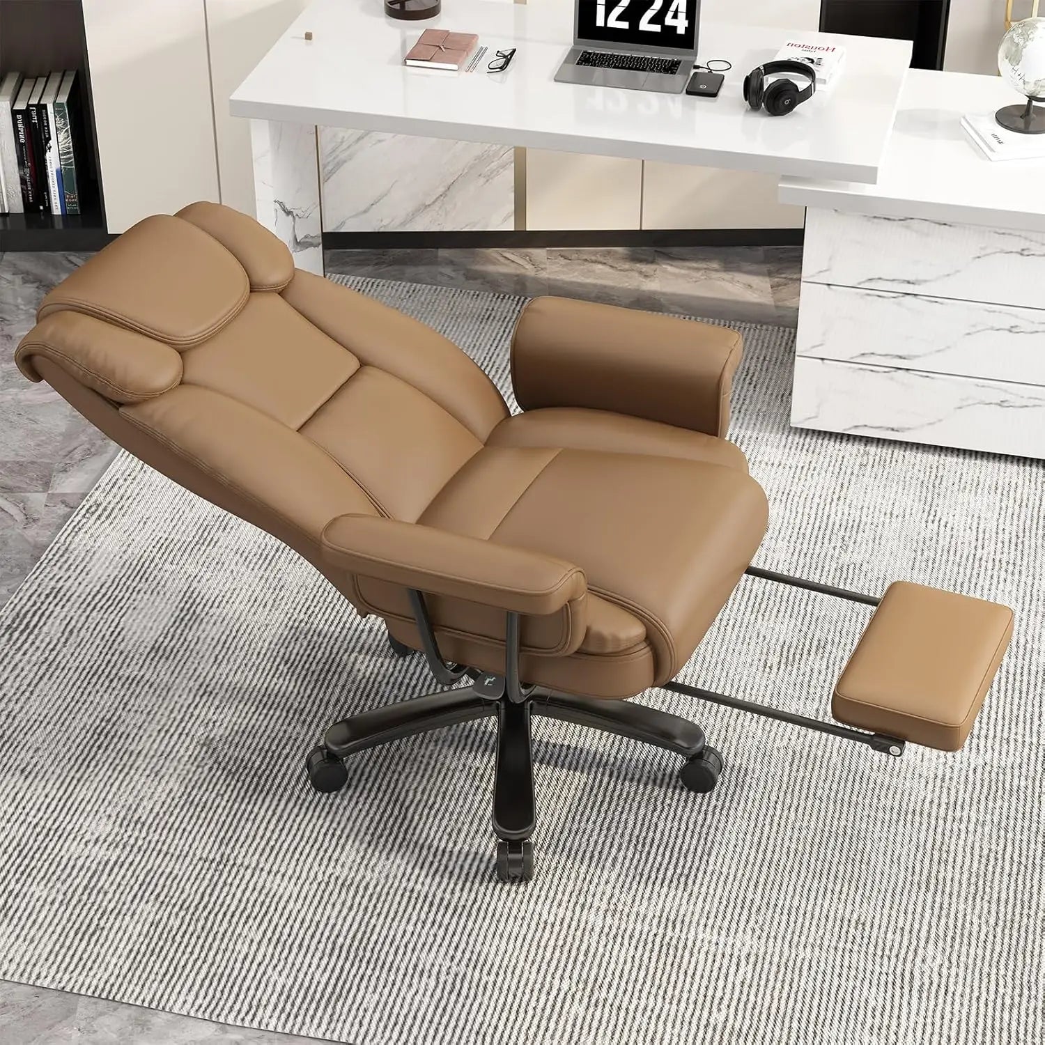 Criss Cross Chair with Wheels, 160°Big and Tall Reclining Office Desk Chair with High Back, Wide Seat, Arms, Footrest, Brown - Kimlud