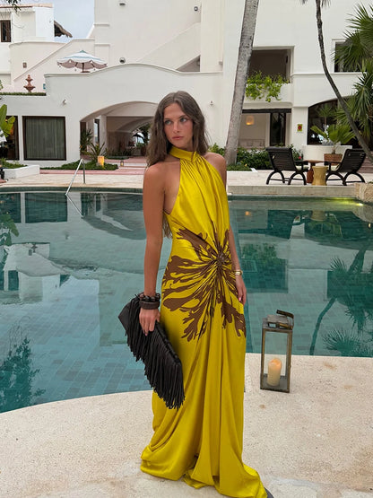 2026 Summer Sexy Print Long Women Dress Fashion Backless Sleeveless Halter Pleated Female Dresses Beach Vacation Lady...